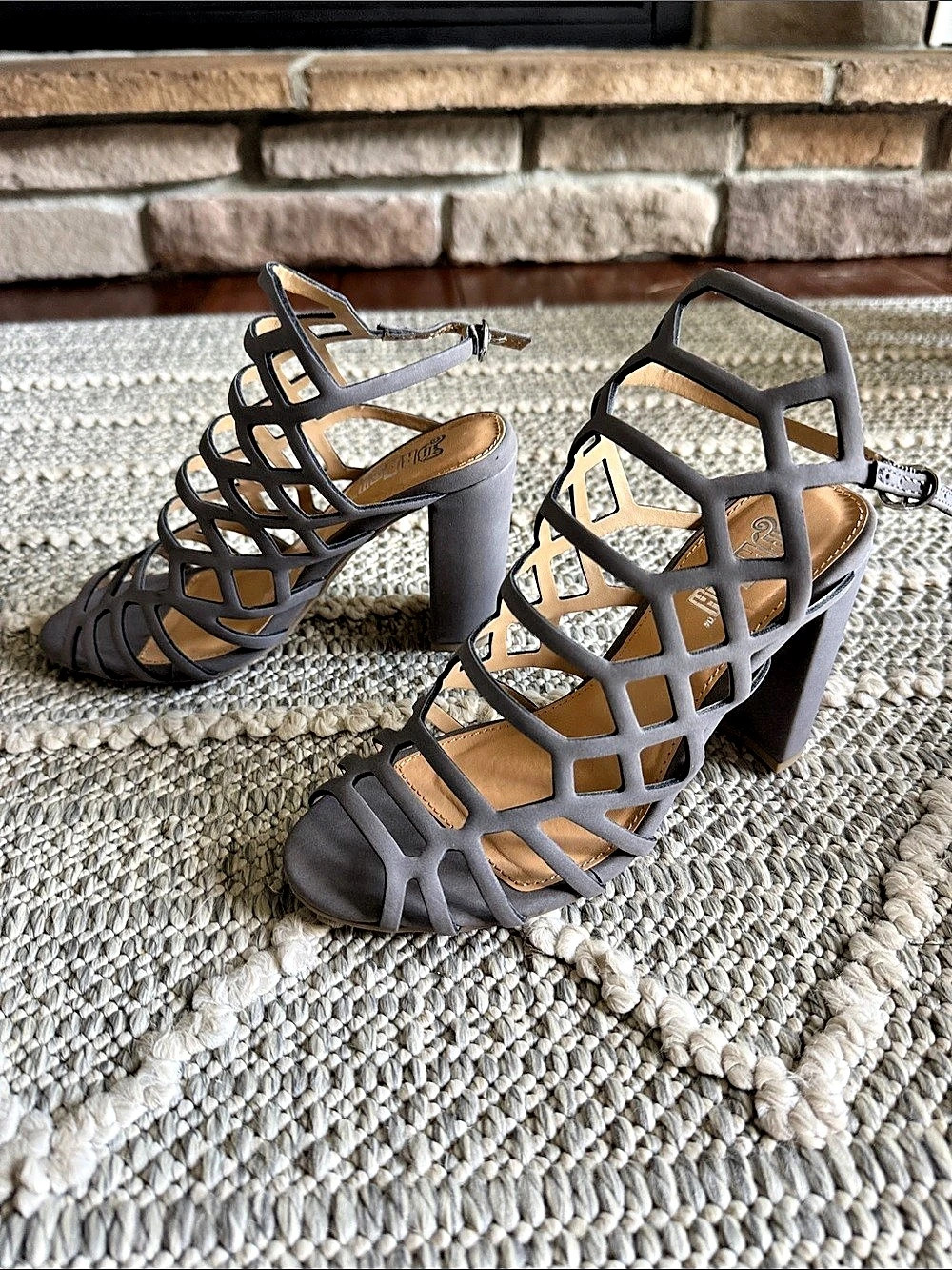 Restricted Geometric Cage Heels in Gray & Black